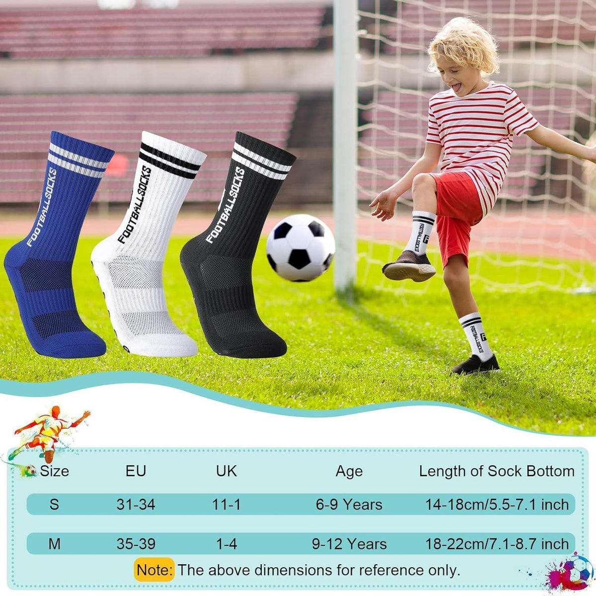 3 Paar Kinder Fußballsocken mit Anti-Rutsch-Grip, atmungsaktiv, Größe M