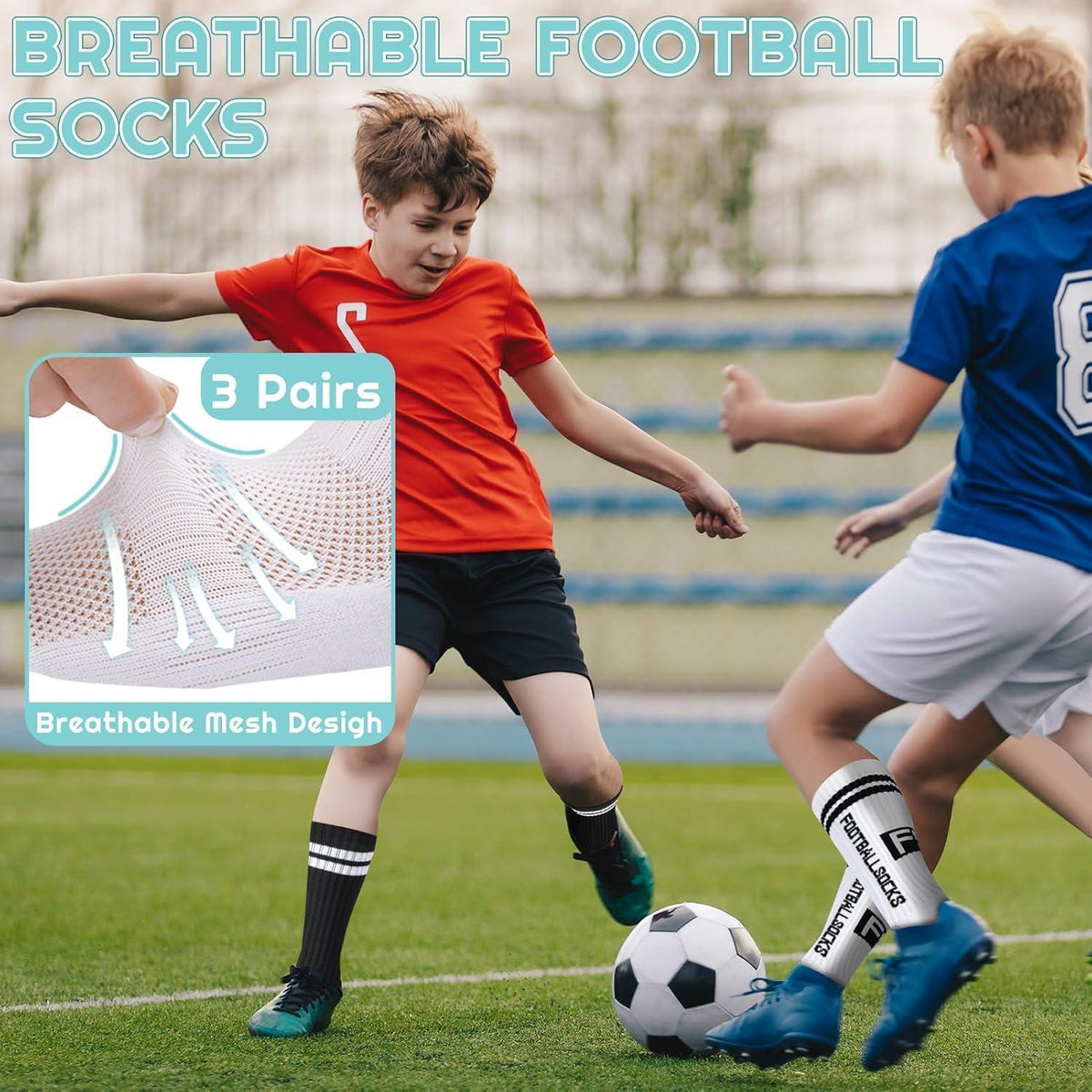 3 Paar Kinder Fußballsocken mit Anti-Rutsch-Grip, atmungsaktiv, Größe M