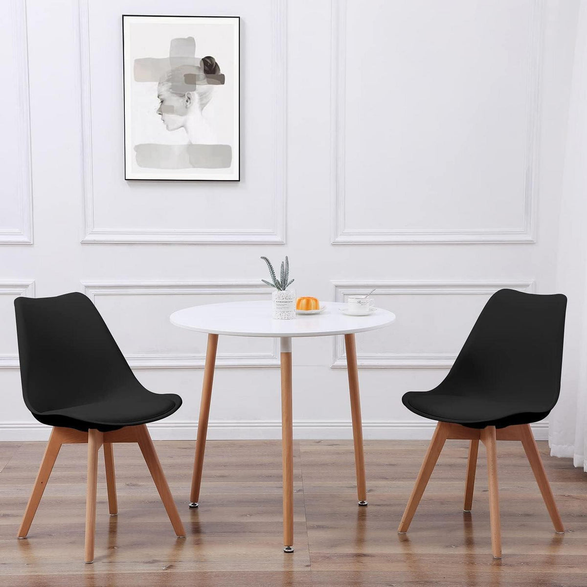 3-teilige Essgruppe: Runder Tisch (Weiß) + 2 Stühle (Schwarz)