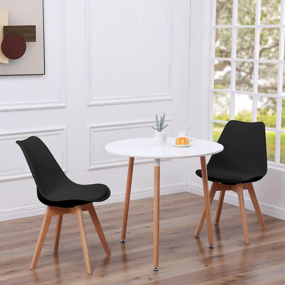 3-teilige Essgruppe: Runder Tisch (Weiß) + 2 Stühle (Schwarz)