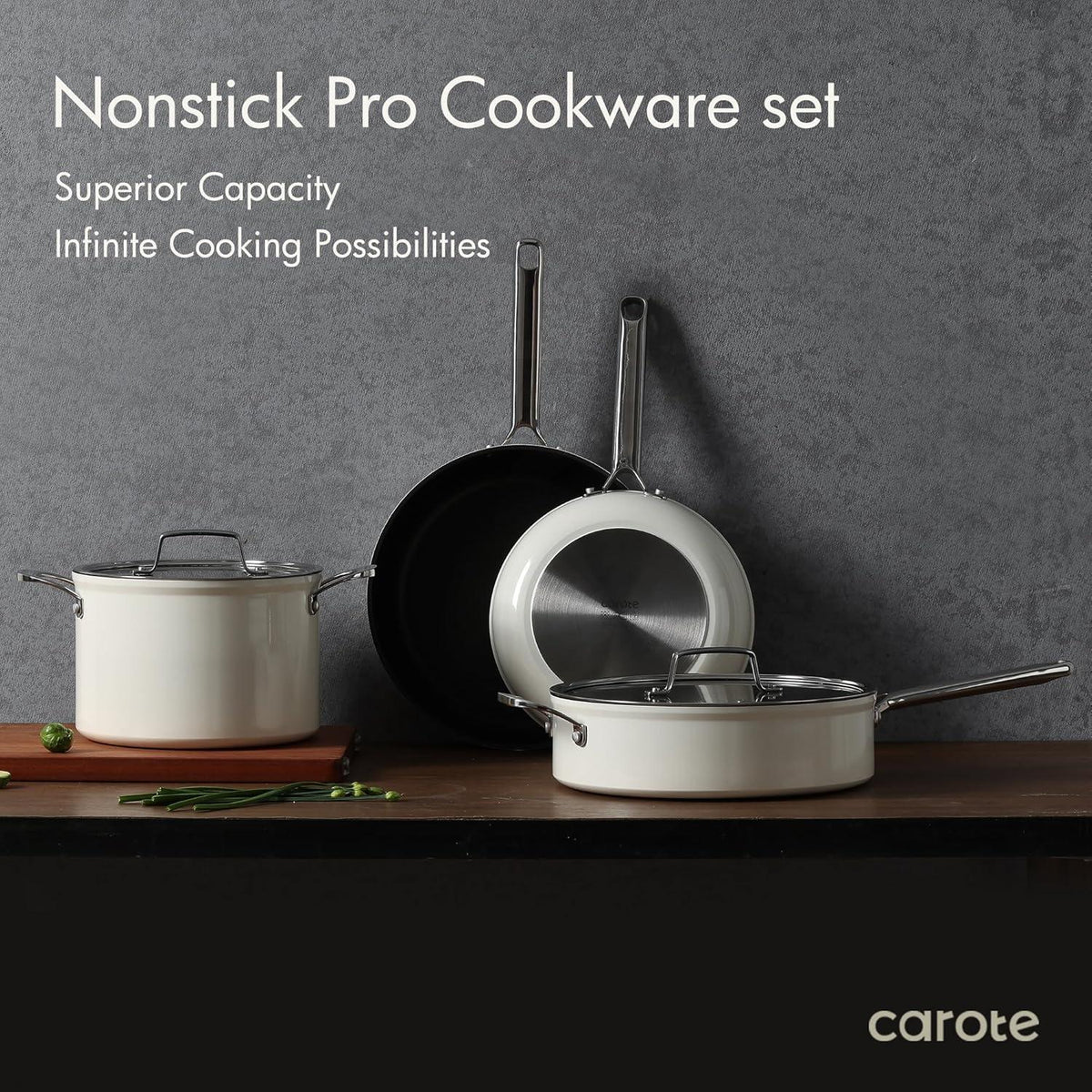 CAROTE Töpfe Pfannen 6tlg Kochgeschirr Antihaft Weiß 28cm 24cm 22cm