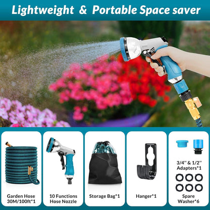 Flexibler Gartenschlauch 30M Erweiterbarer 10 Funktionen Sprühdüse 1/2 3/4 Adapter aus Messing Bewässerung Autowäsche Hof