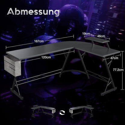 ODK Gaming Tisch Eckschreibtisch Monitorständer L-Form 167x120 cm Schwarz