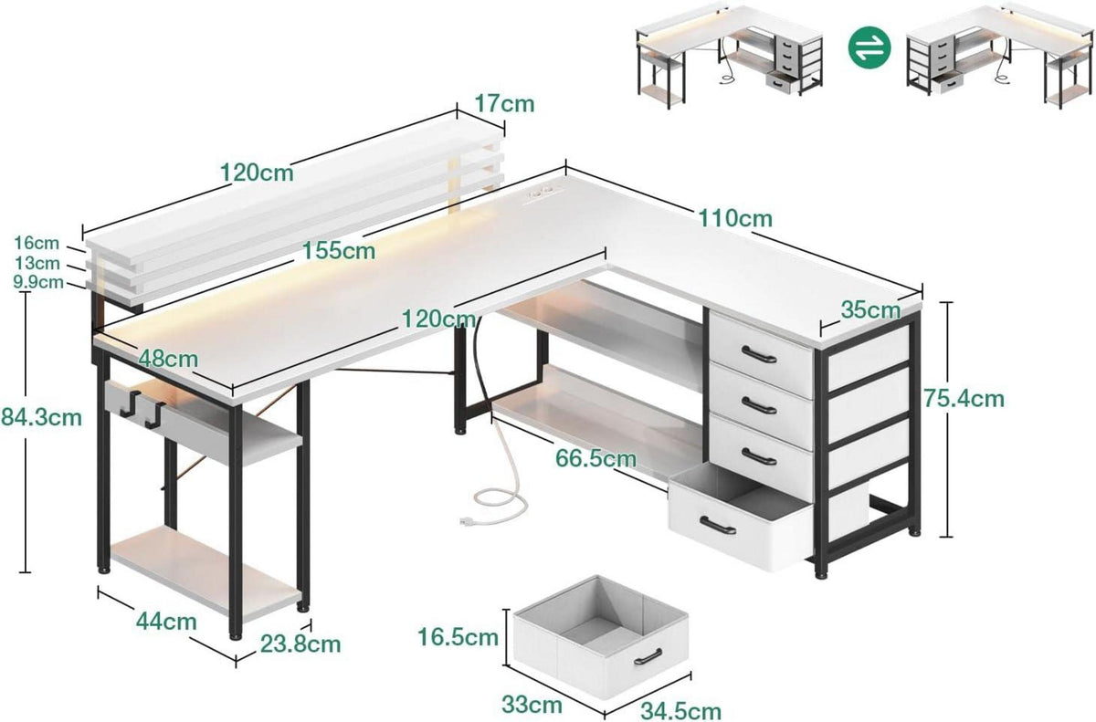 Eckschreibtisch LED USB Schubladen Steckdosen Weiß 155×110cm
