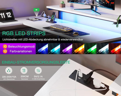 Schreibtisch LED USB Ladeanschluss Steckdosen Weiß 155x110cm