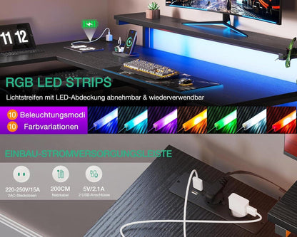 Schreibtisch mit Schubladen und USB, LED Eckschreibtisch L-Form