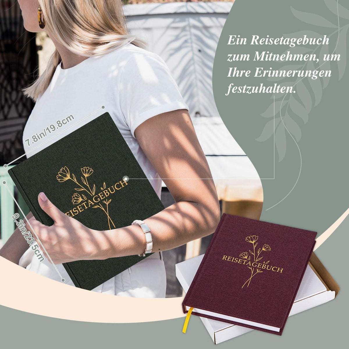 Reisetagebuch Leinen mit Anleitungen für 15 Reisen, Grün
