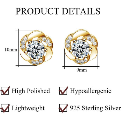 Ohrstecker Damen Silber 925 Blumen mit Zirkonia, Gold Vergoldet, Geschenkbox