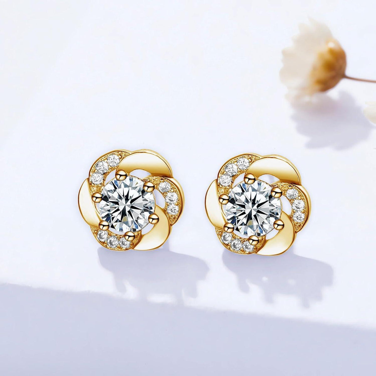 Ohrstecker Damen Silber 925 Blumen mit Zirkonia, Gold Vergoldet, Geschenkbox