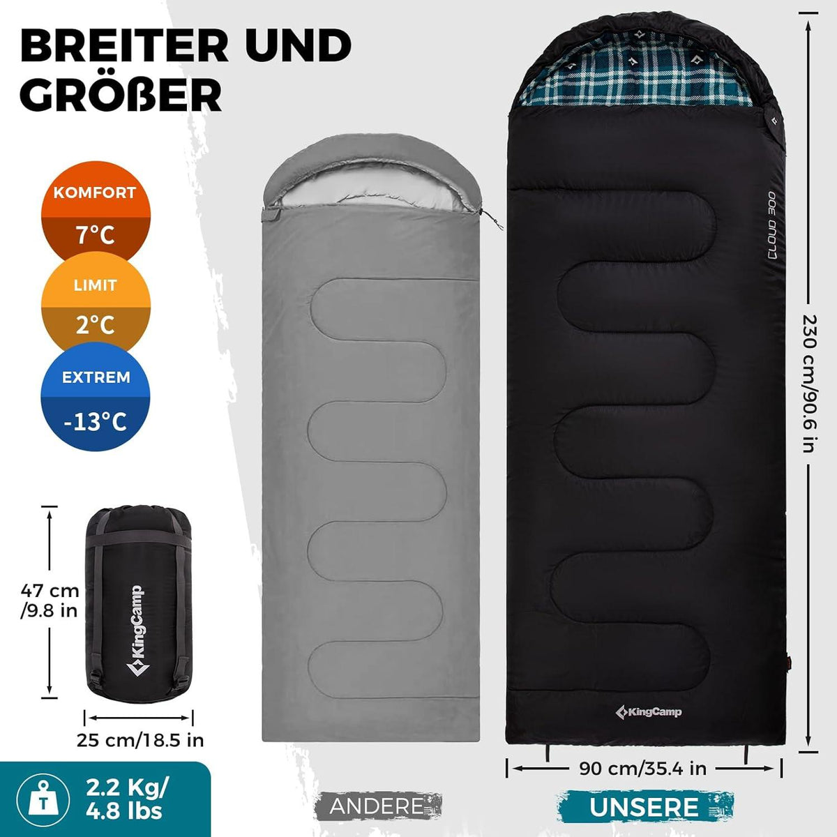 Leichter KingCamp Outdoor Schlafsack 300/400g Füllung, 3-4