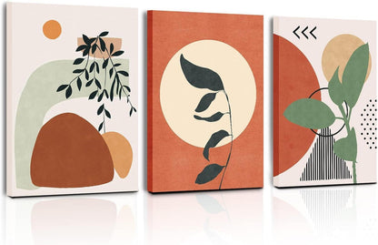 Boho Wandbilder Orange Sonne Blätter Leinwand 50x70cm 3er Set