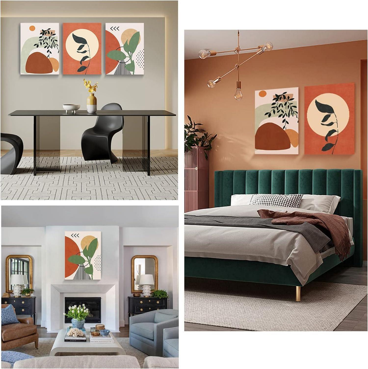 Boho Leinwand Bilder Orange Blätter Sonne 3er Pack
