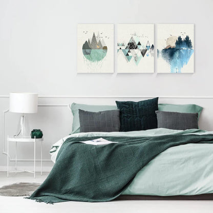 Abstrakte Wandkunst Blau Grün Berg Landschaft 3er Set 50x70cm