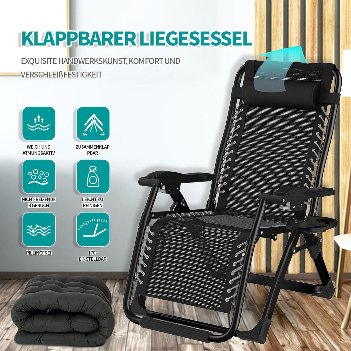 Klappbare Sonnenliege mit Polsterung und Getränkehalter
