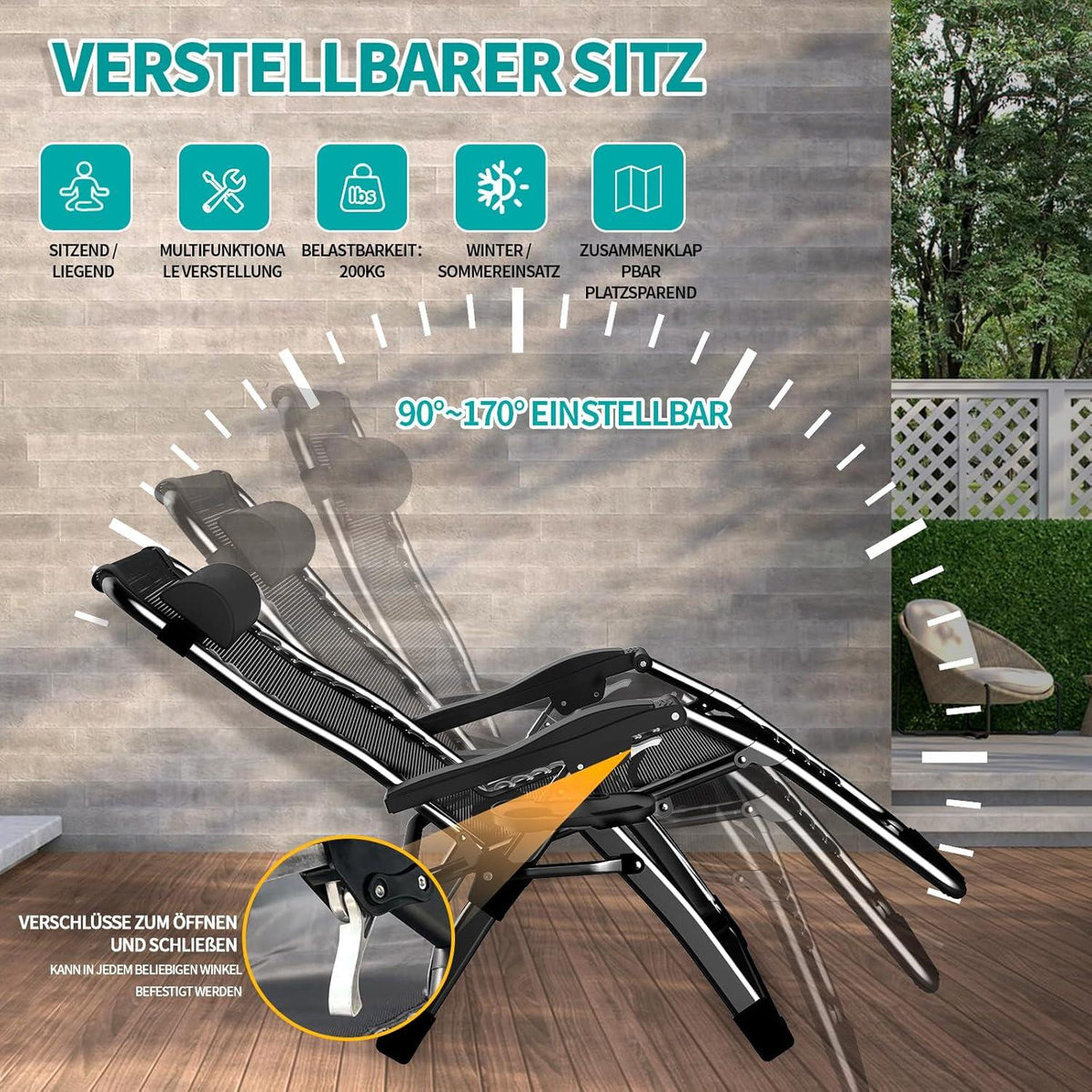 Fiutazge 2Pcs Liegestuhl Klappbar Sonnenliege Garten Extra Groß Polsterung Verstellbarer RüCkenlehne Kopfteil GeträNkehalter Gartenliege Schwarz