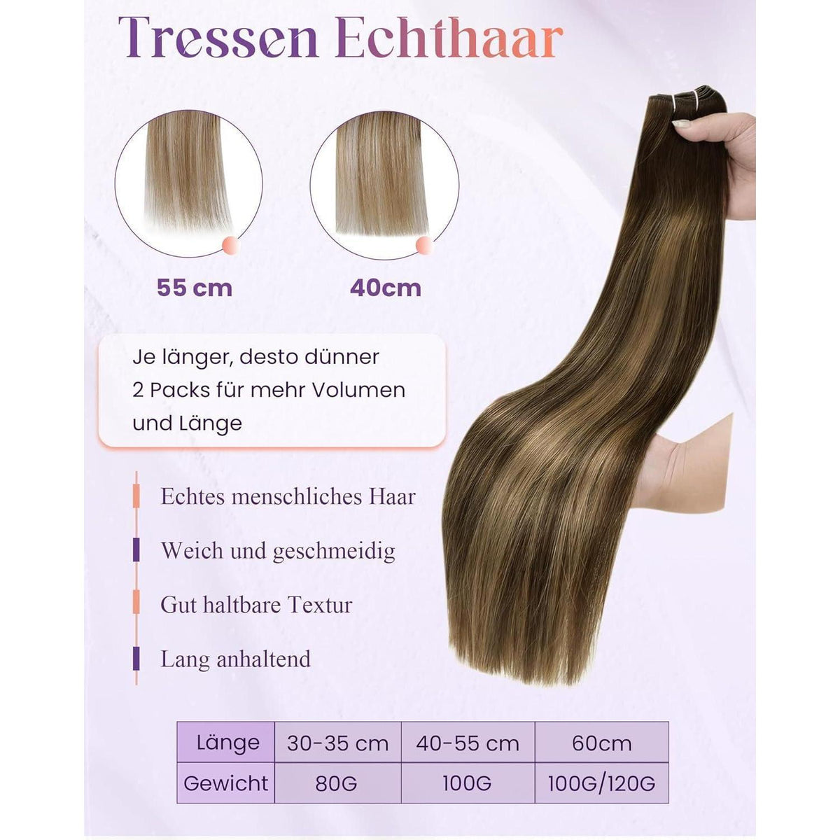 Echthaar Tressen Braun Balayage Ombre 35cm - Remy Human Hair