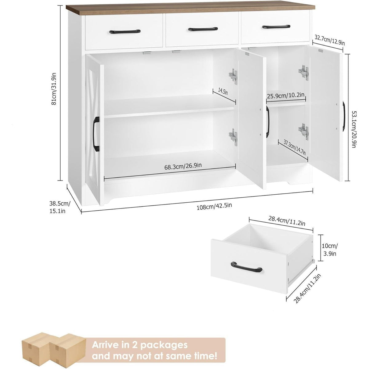 Sideboard mit Schubladen & Türen – Weiß & Braun, Küchenschrank