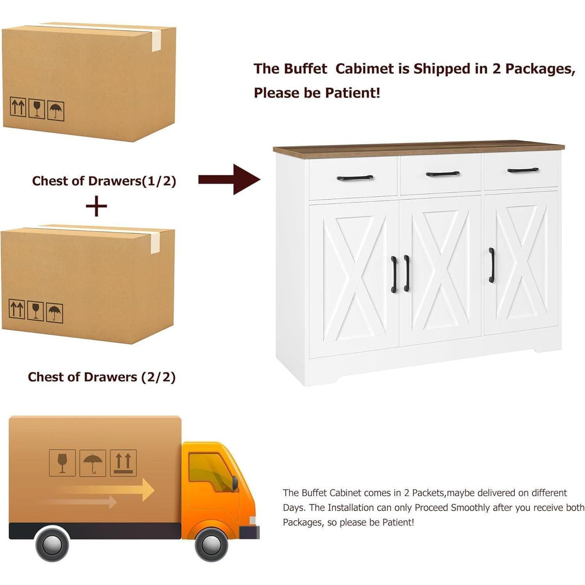 Sideboard mit Schubladen & Türen – Weiß & Braun, Küchenschrank