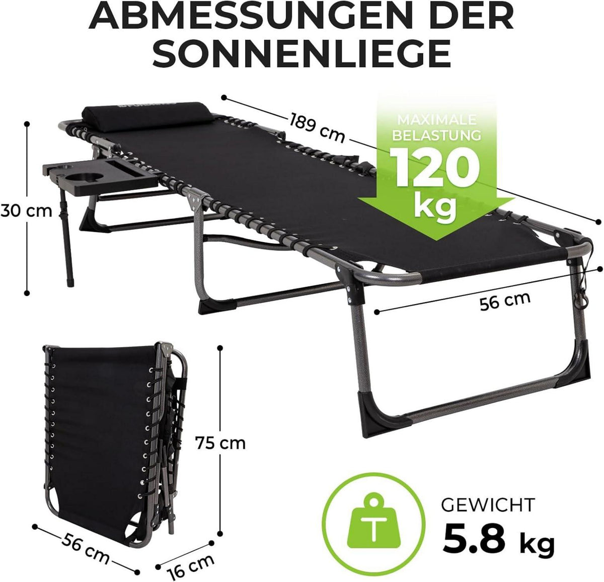 Faltbare Sonnenliege 5-fach verstellbar mit Seitentisch und
