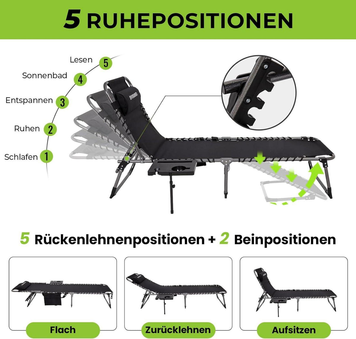 Klappbare Sonnenliege mit 5-fach verstellbarer Rückenlehne und