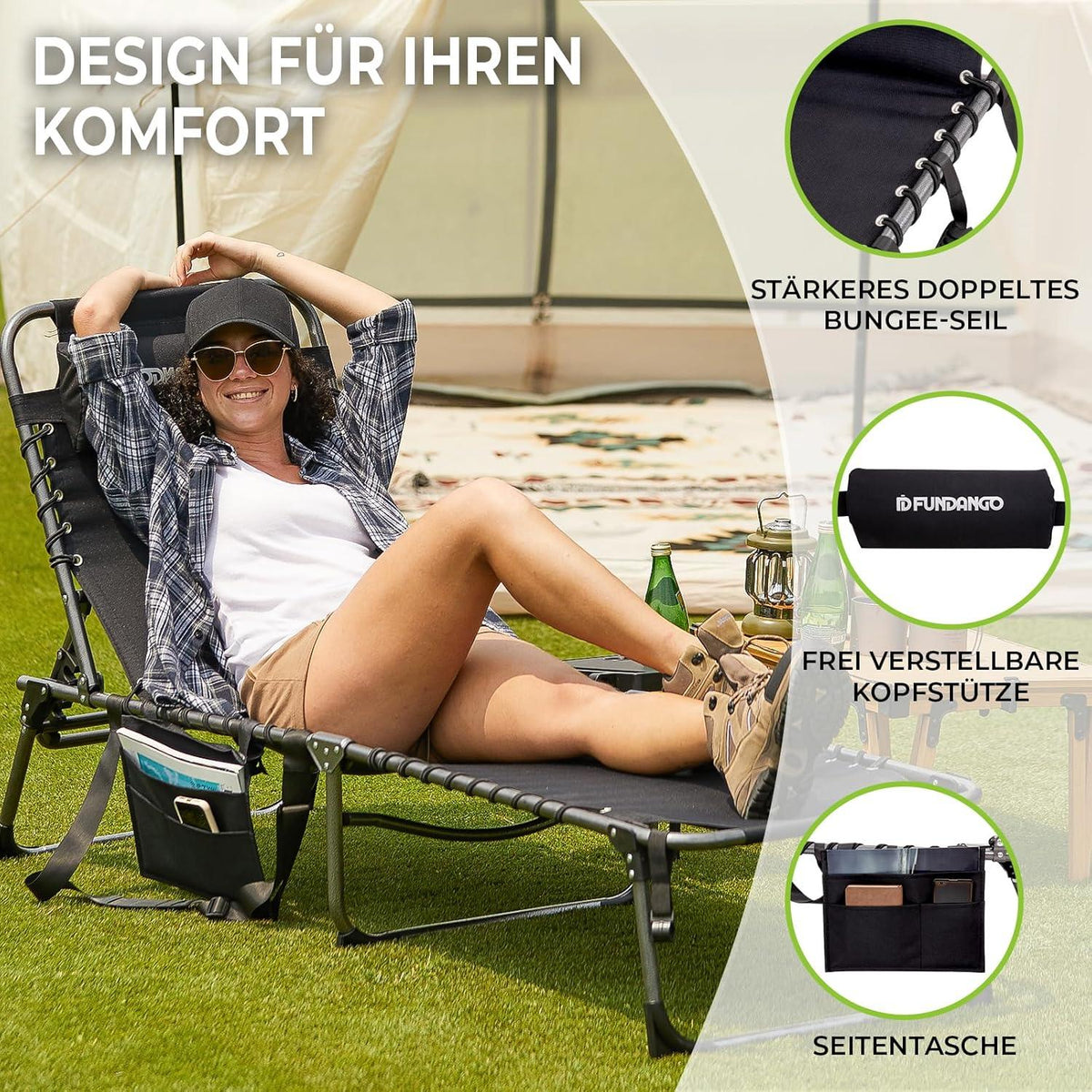 Sonnenliege Klappbare Strandliege mit Seitentisch und Kissen