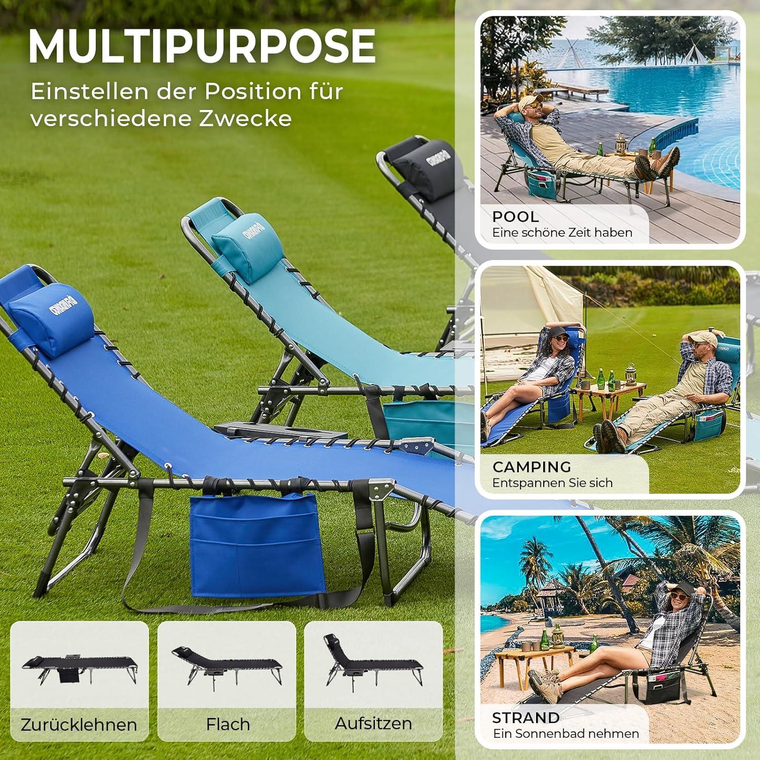 Faltbare Sonnenliege mit Auflage und Seitentisch - Gartenliege klappbar