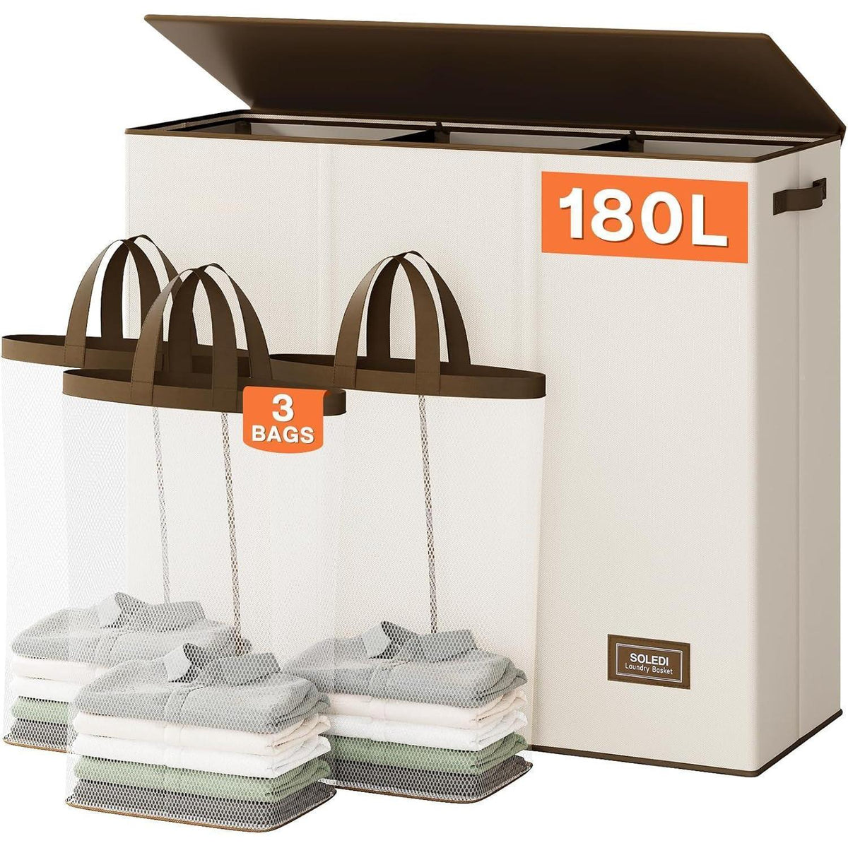 180L Wäschekorb 3 Fächer mit Deckel und Wäschesäcken Beige
