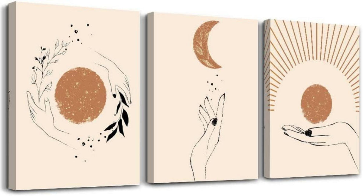 Boho Leinwandbild Orange Sonne Mond Pflanze Wandbild 40x30cm