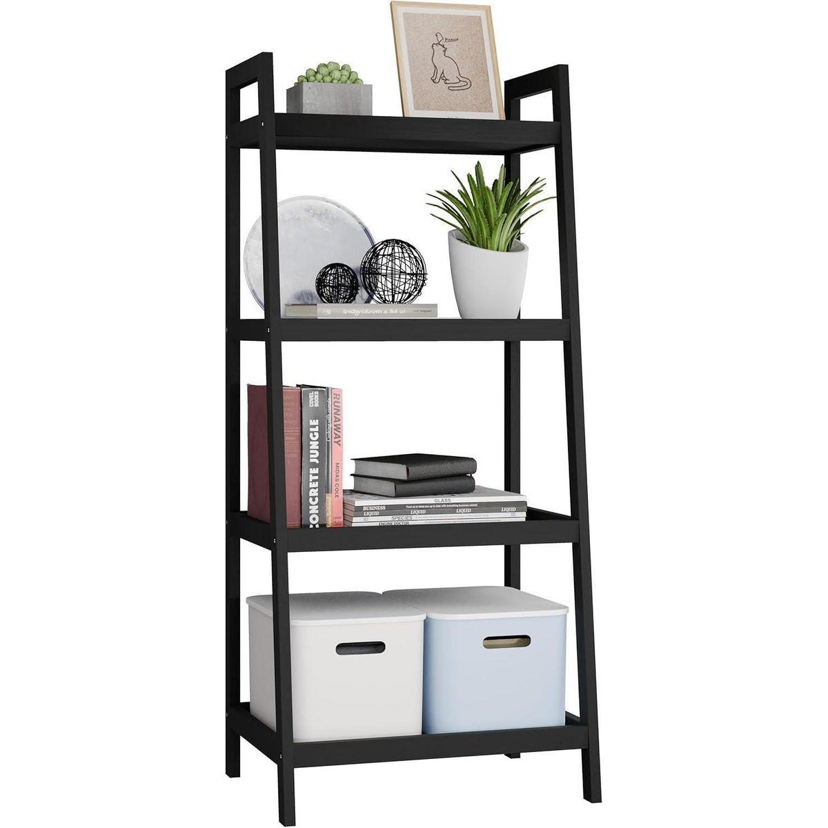 Bambus Leiterregal 4 Ablagen 99cm Schwarz