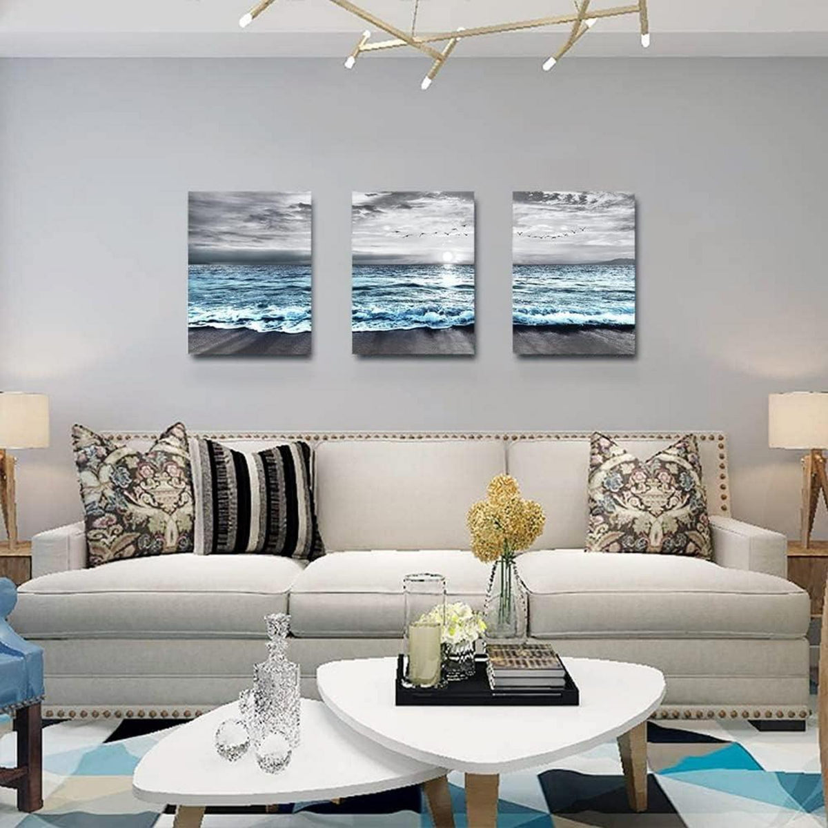 Sonnenaufgang Strand Vögel Leinwandbild Grau Blau 40x30 Wandbild