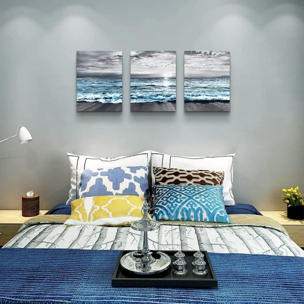 Sonnenaufgang Leinwandbild Strand Meer Landschaft 40x30 cm Grau Blau