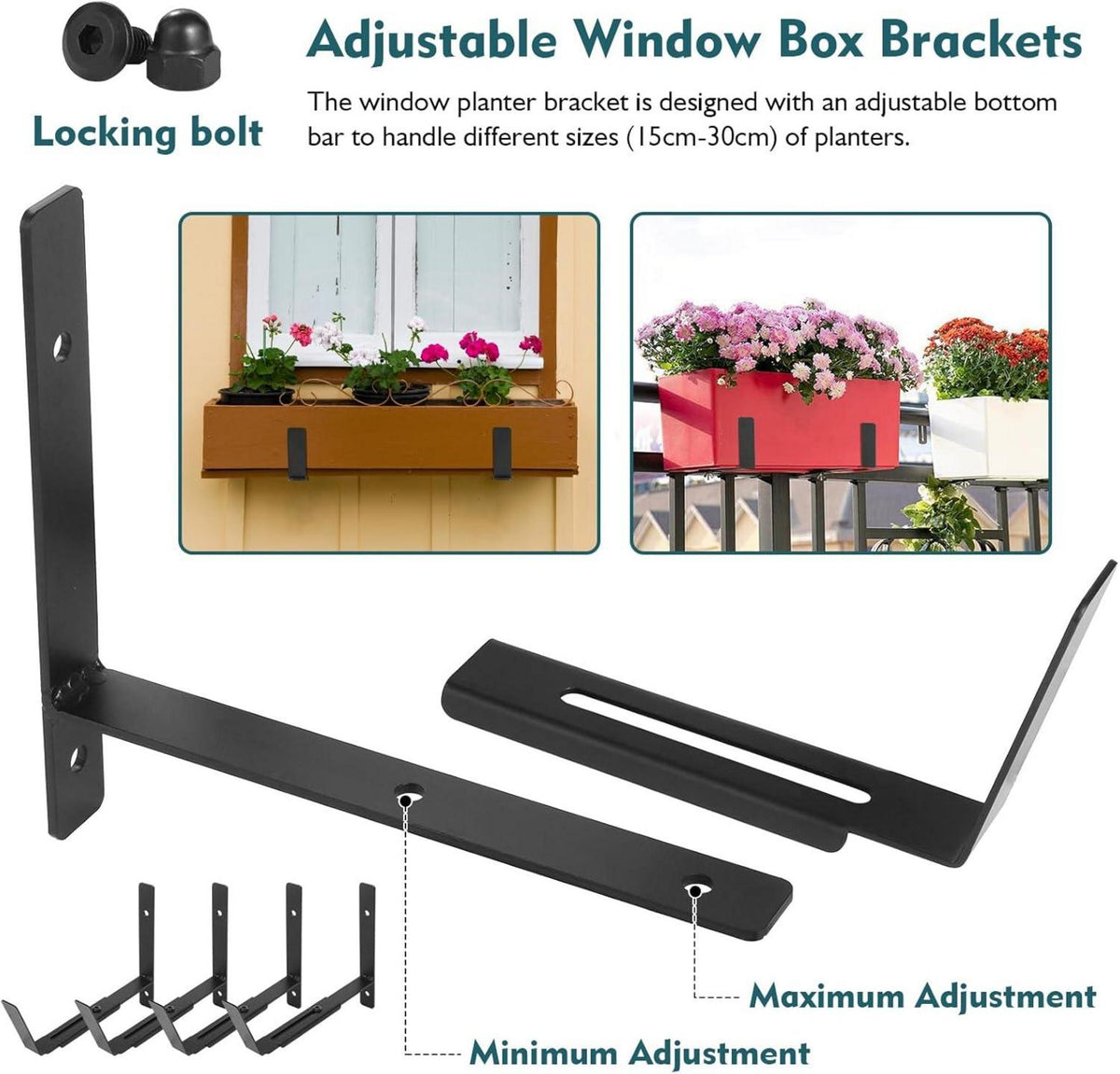 Verstellbare Balkon Blumenkasten Halterungen 6-12'' Schwarz