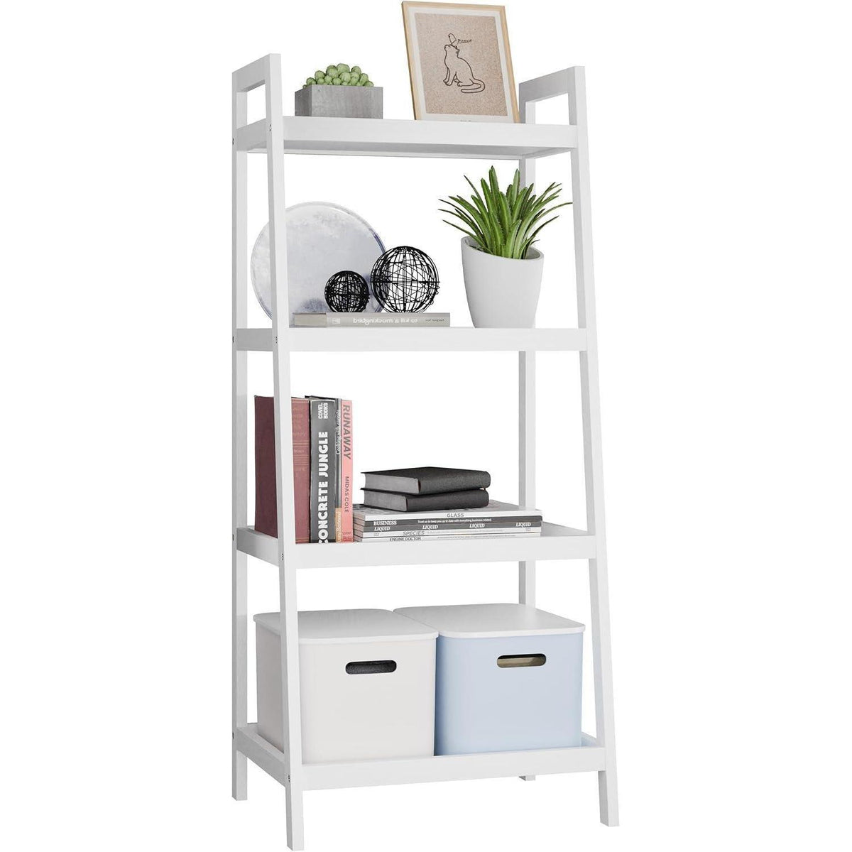 Bambusleiter-Bücherregal 4 Ablagen Weiß