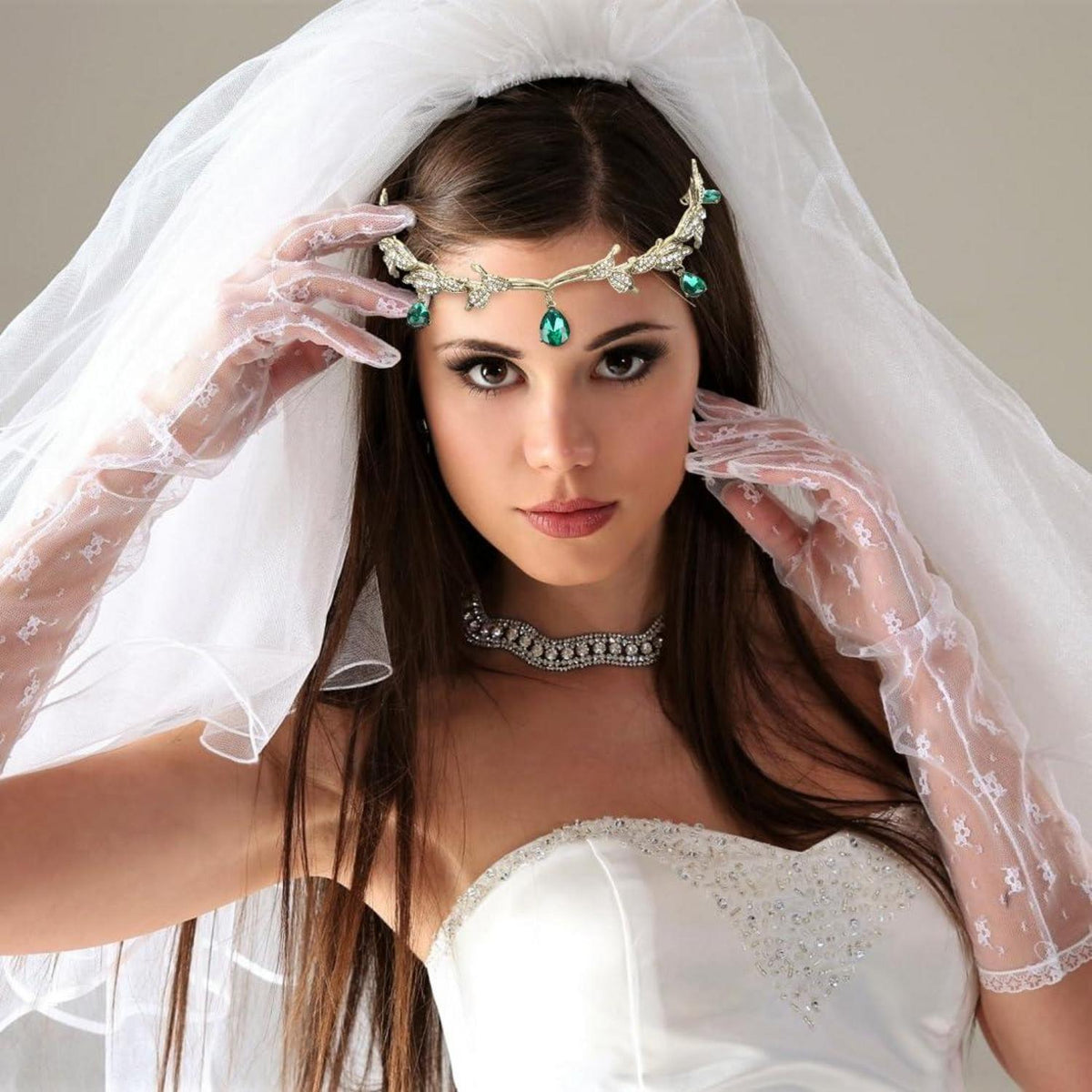 Elfen Vintage Grüner Strass Diadem Kopfschmuck Tiara Stirnband