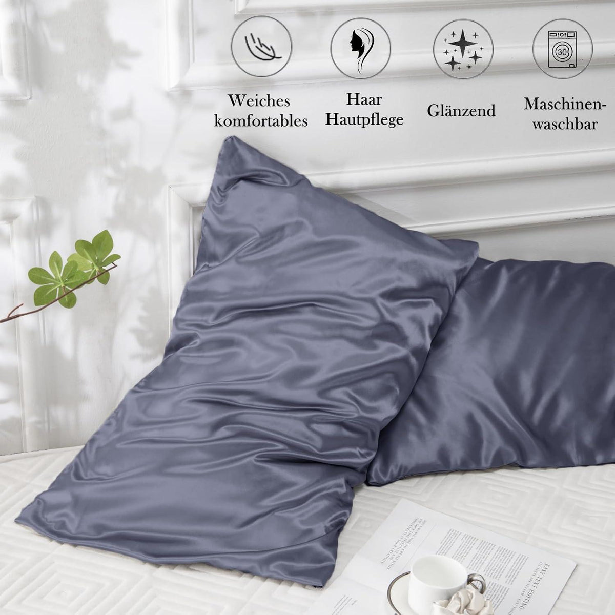 Satin Kissenbezug 50x80 Blau Violett 2er Set mit Haargummis - Pflegeleicht