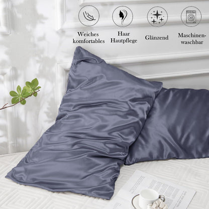 Satin Kissenbezug 50x80 Blau Violett 2er Set mit Haargummis - Pflegeleicht