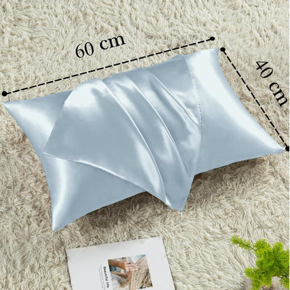 Satin Kissenbezug 40x60 Hellblau 2er-Set mit Haargummis
