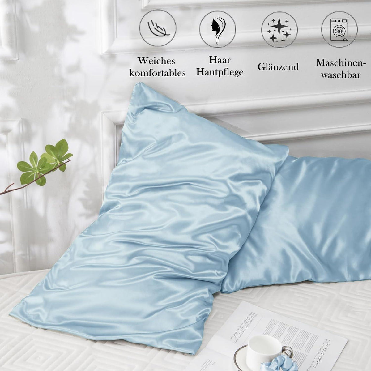Vielit 2er Set Satin Kissenbezug 50x80 Hellblau Haar Haut Haargummis