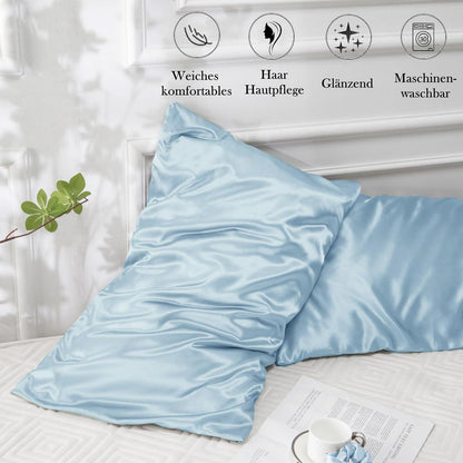 Vielit 2er Set Satin Kissenbezug 50x80 Hellblau Haar Haut Haargummis