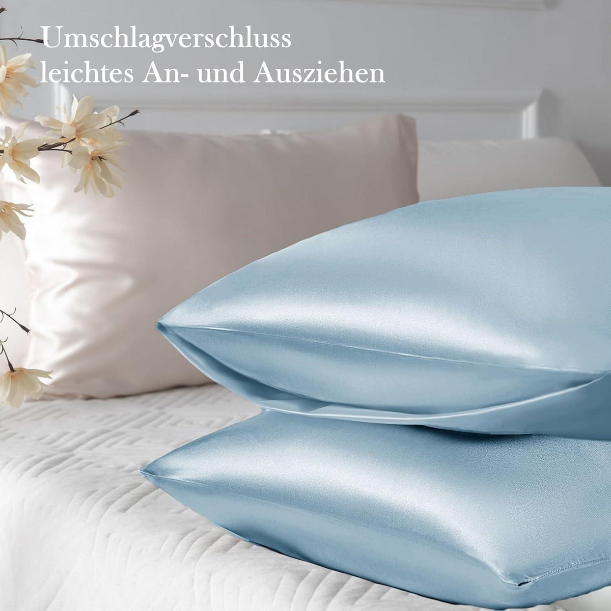 Satin Kissenbezug 50x70 Hellblau Haar Haut Pflege 2 Haargummis