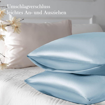 Satin Kissenbezug 50x70 Hellblau Haar Haut Pflege 2 Haargummis