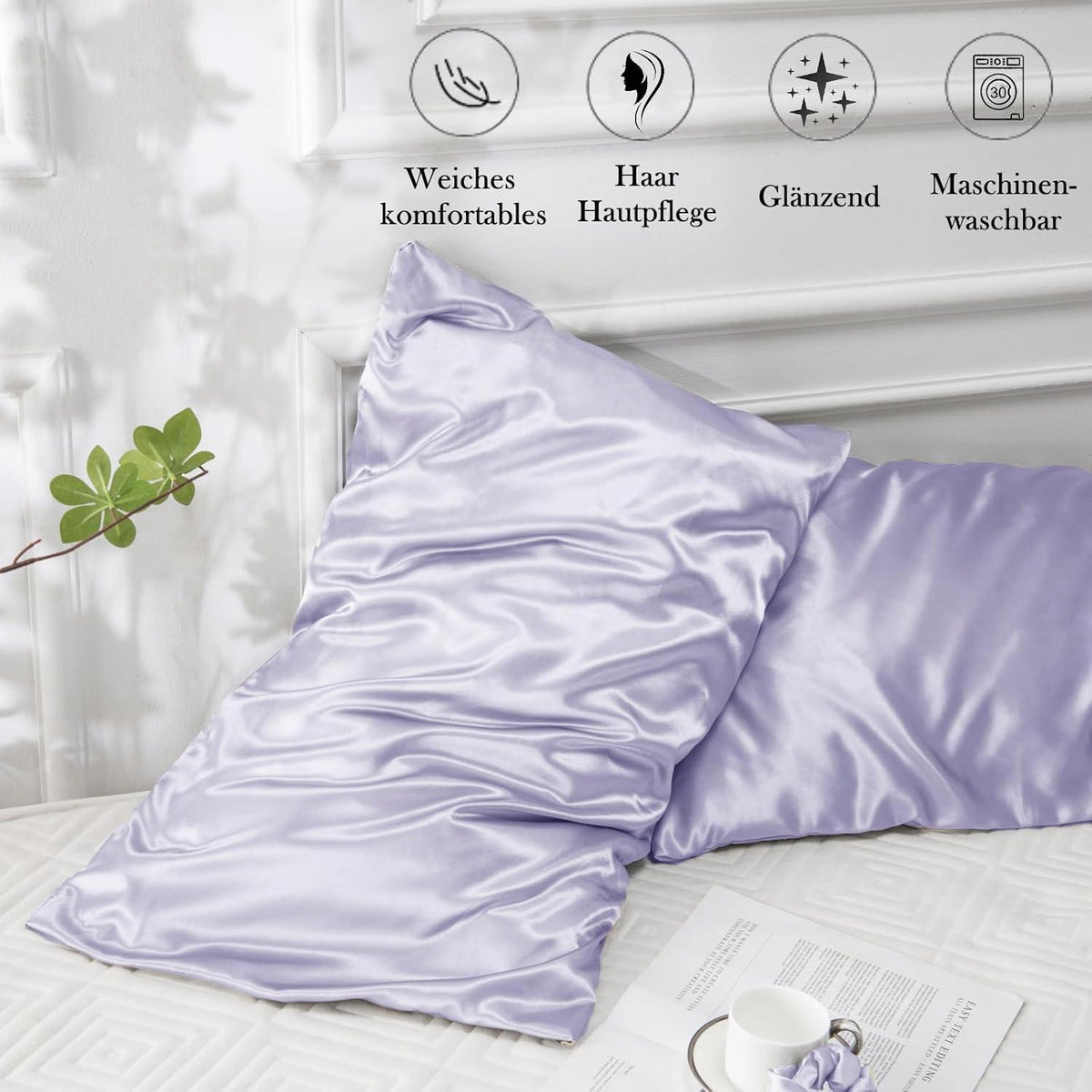 Satin Kissenbezug 40x60 Lila 2er Set Haargummis inkludiert