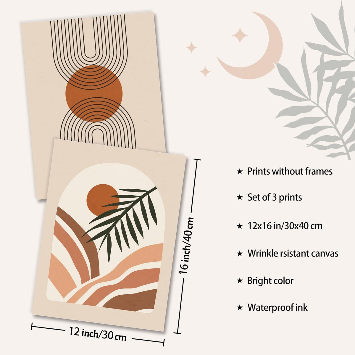 Abstrakte Boho Wandbilder Sonne Mond Salbei Grün 30x40 cm 3er Set