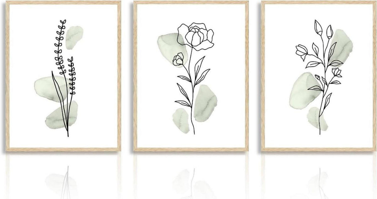 Botanische Wandbilder Salbei Grüne Blumen Linie Leinwand 30x40cm 3er