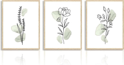 Botanische Wandbilder Salbei Grüne Blumen Linie Leinwand 30x40cm 3er