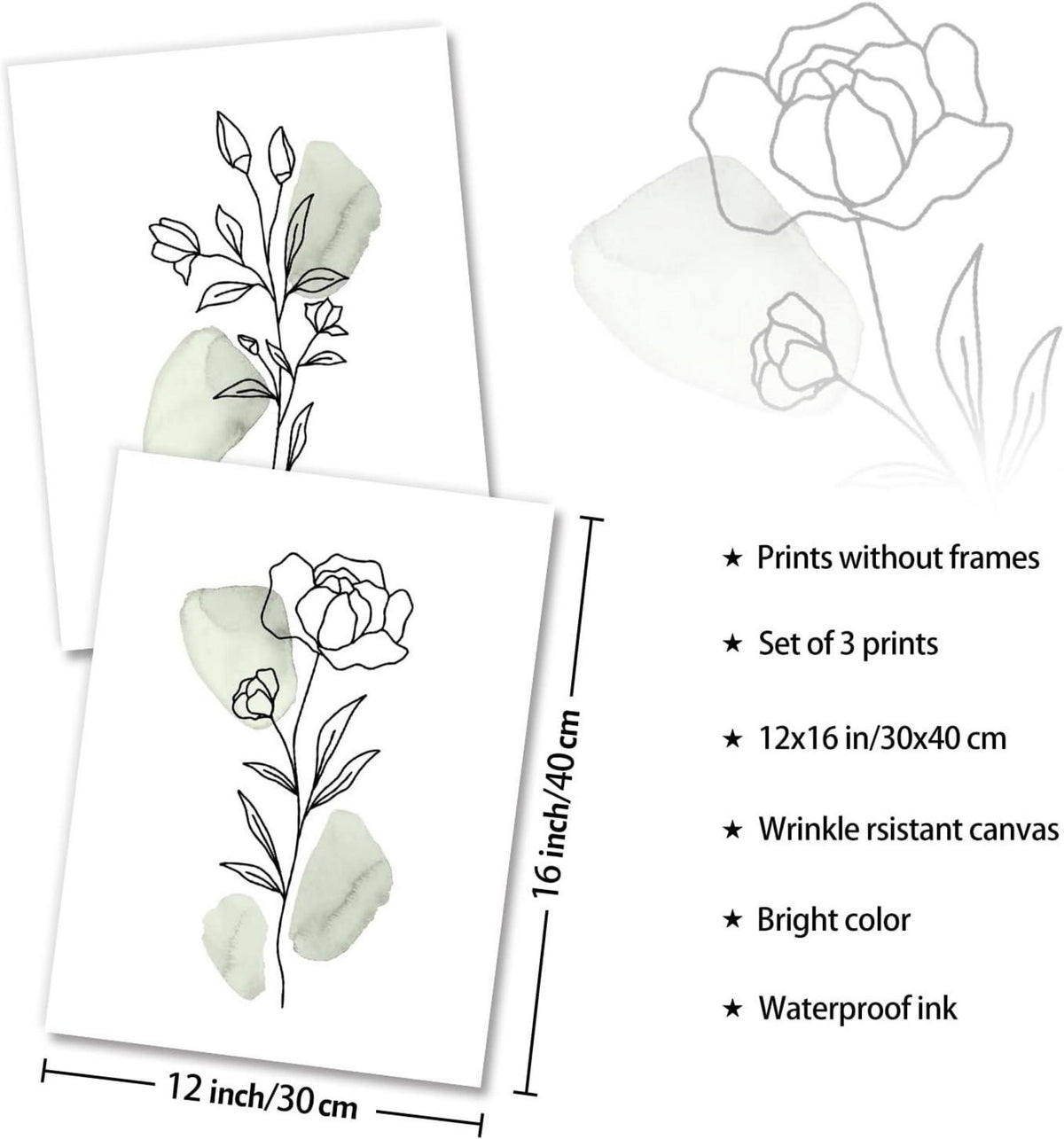 Abstrakte Botanische Wandbilder Minimalistisch Salbei Grün 30x40cm 3er
