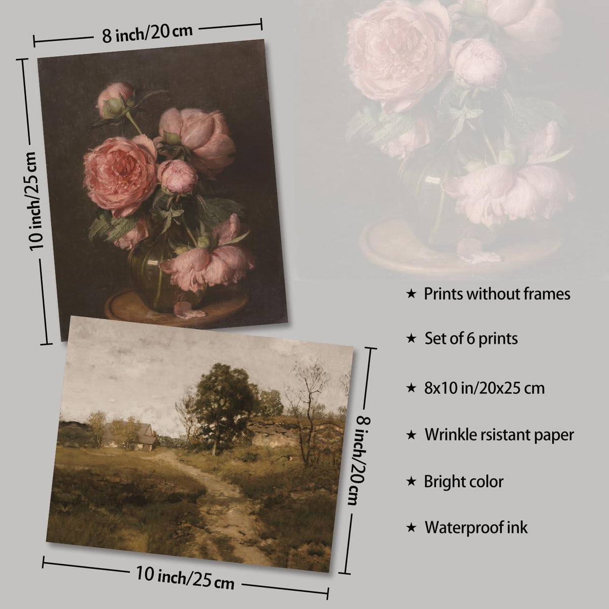 Vintage Französisches Land Blumen Leinwandbilder 20x25cm 6er Set