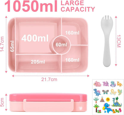 Brotdose Kinder mit Fächern 1050ml Auslaufsicher Bento-Box Lunchbox Jungen Mädchen Pink
