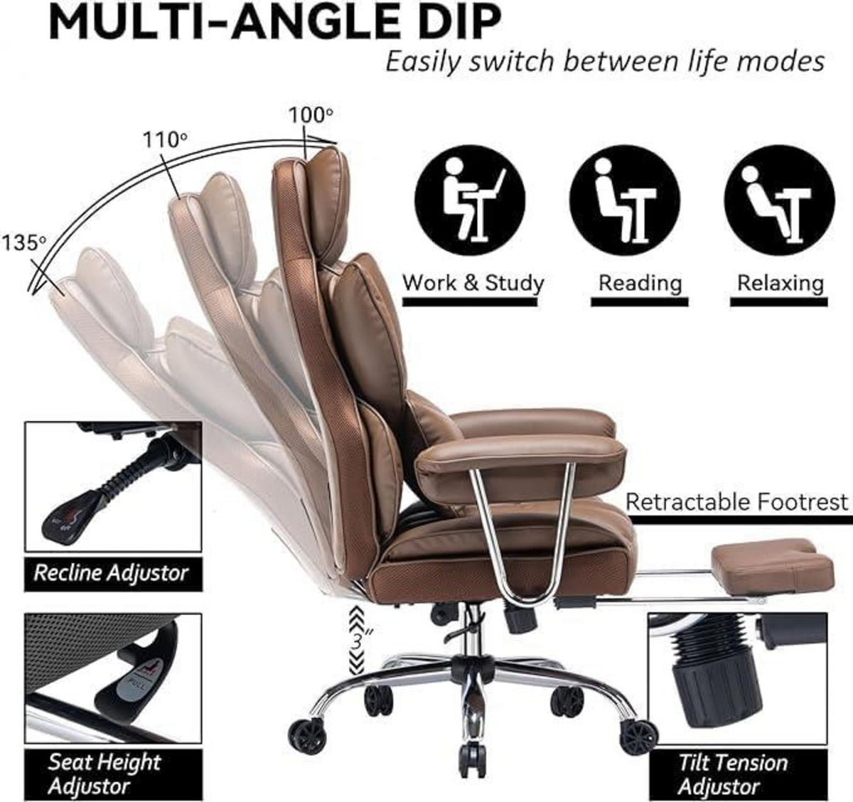Ergonomischer Chefsessel mit Fußstütze und Lendenwirbelstütze, braun