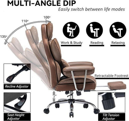 Ergonomischer Chefsessel mit Fußstütze und Lendenwirbelstütze, braun